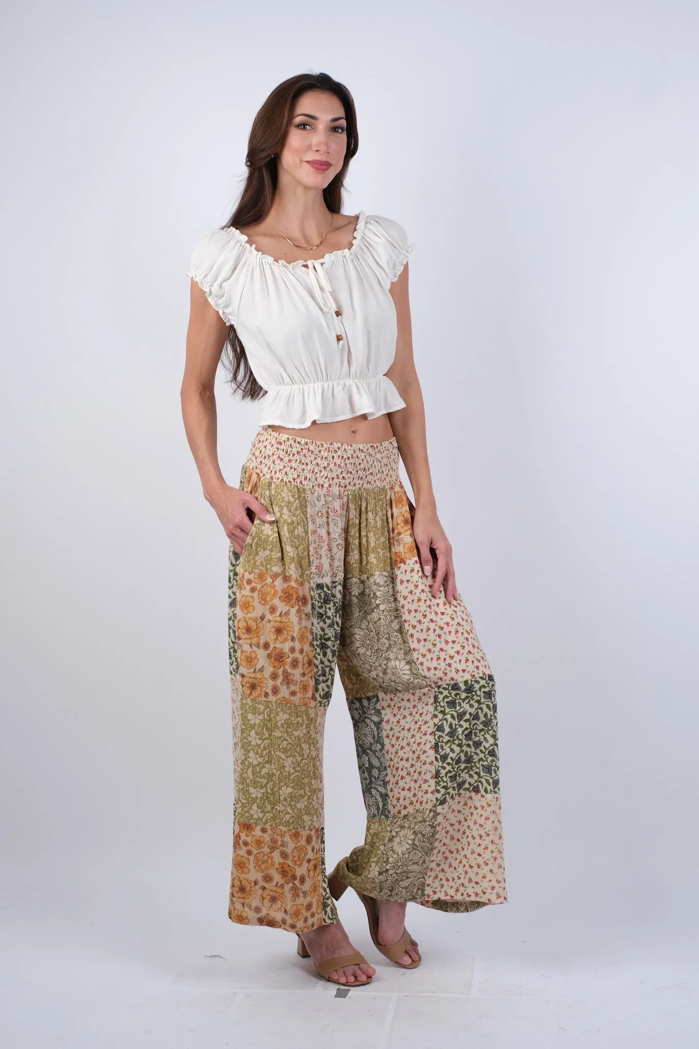 225204 Olive Bloom Hippie Patchwork Pants