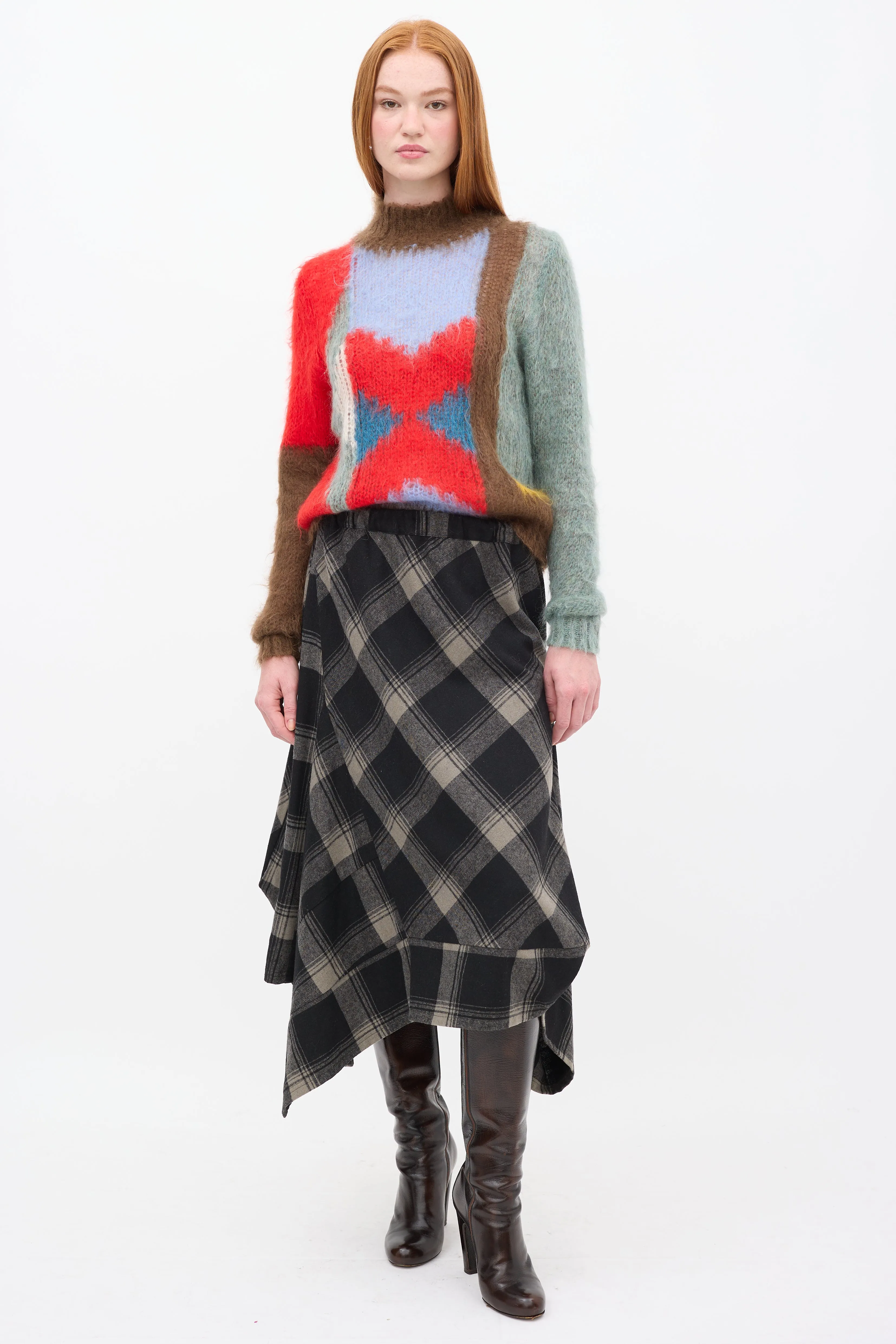 Black & Beige Wool Plaid Handkerchief Skirt