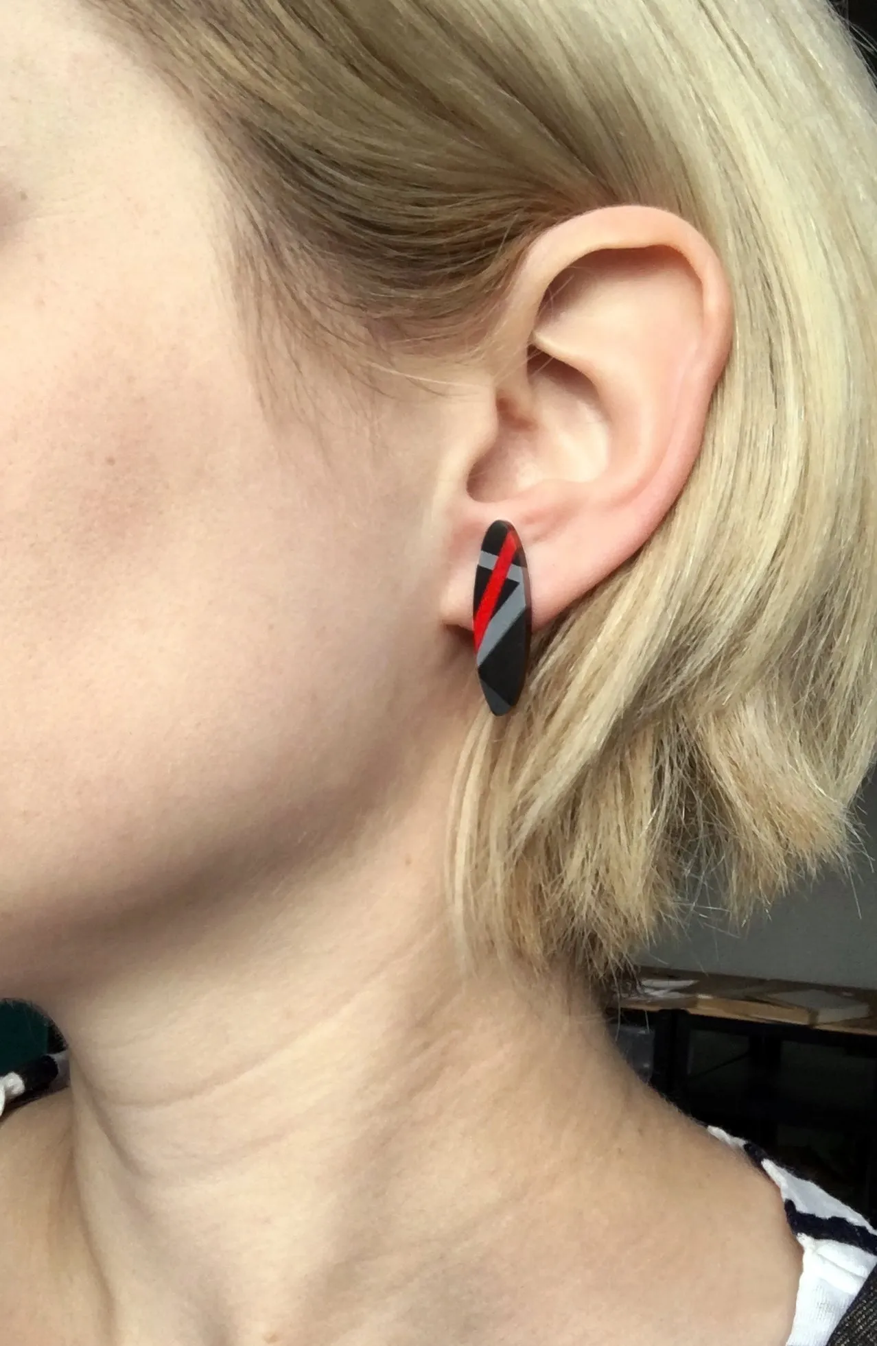 Black   Red Ebony Wood Long Oval Post Earrings