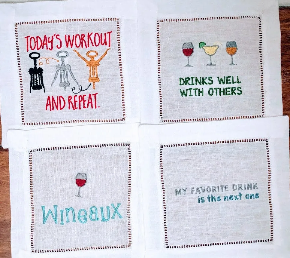 Custom Embroidered, Personalized Whimsical Linen Cocktail Napkins Set of 4