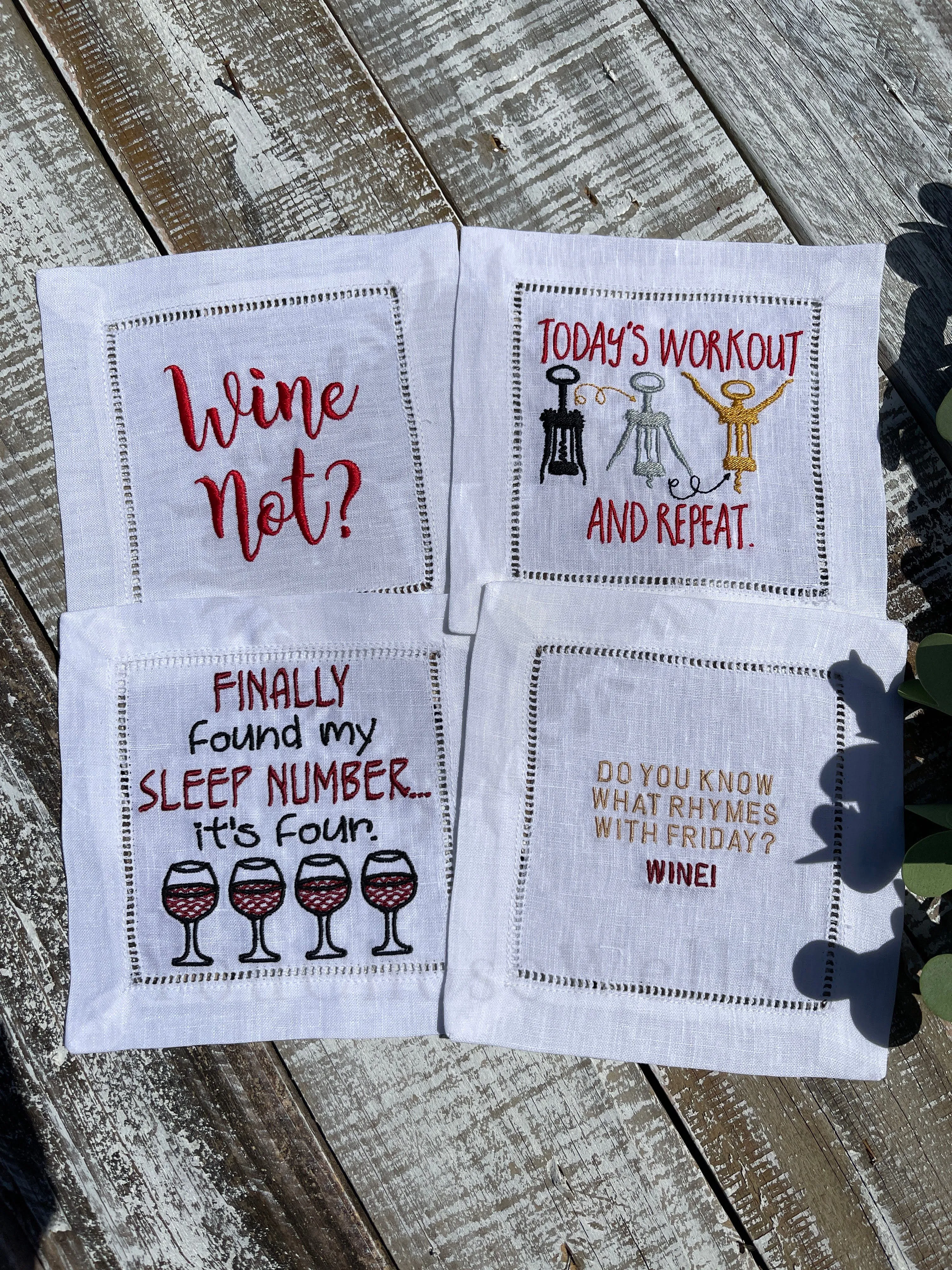 Custom Embroidered, Personalized Whimsical Linen Cocktail Napkins Set of 4