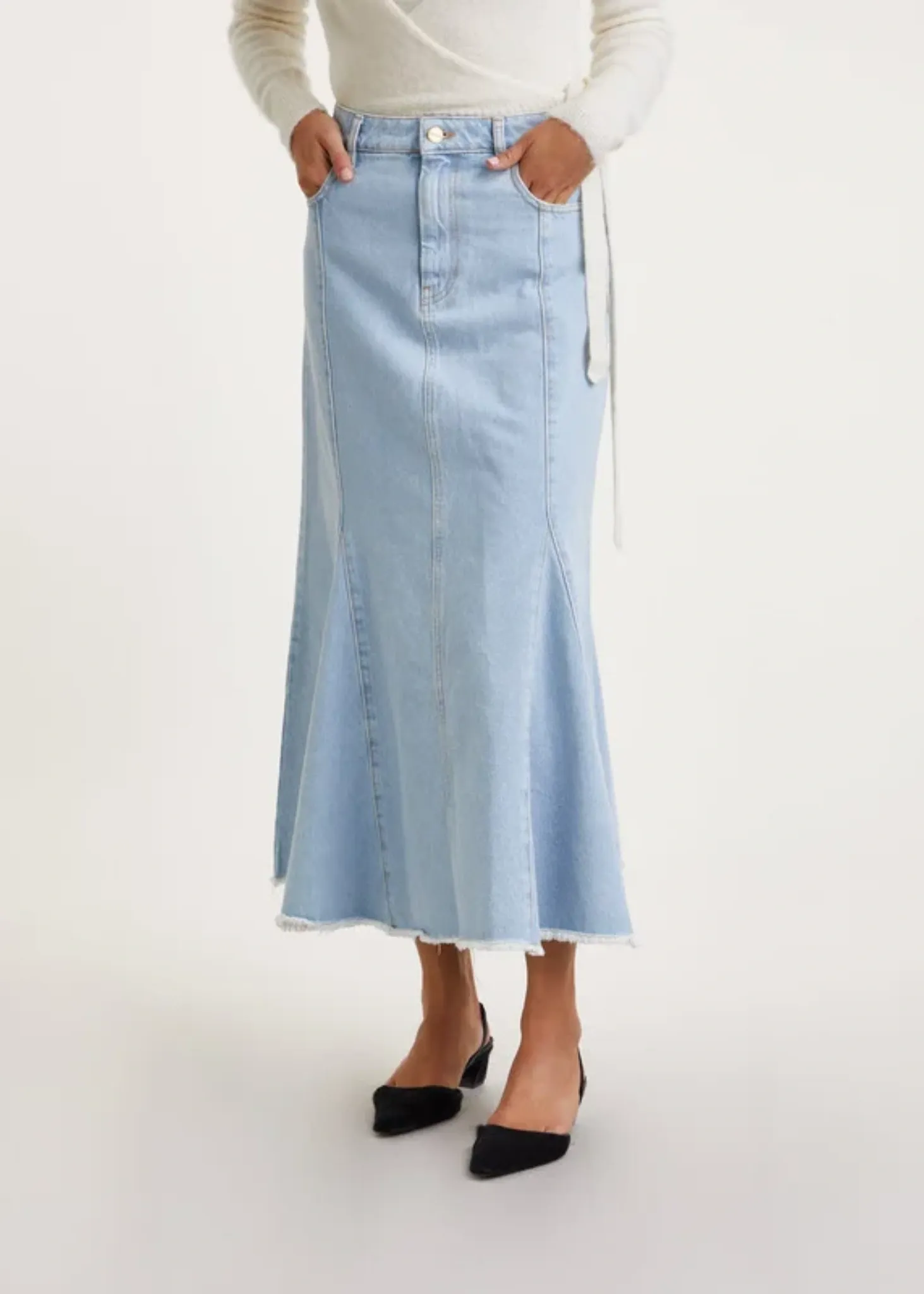 Denim Peplum Midi Skirt