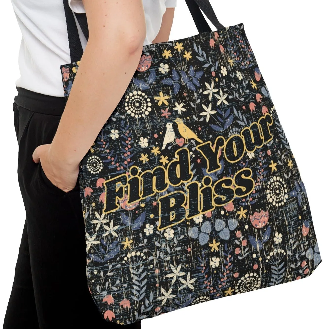 Find Your Bliss on Whimsical Floral Background Large Tote Bag - Inspirational Chic Accessory