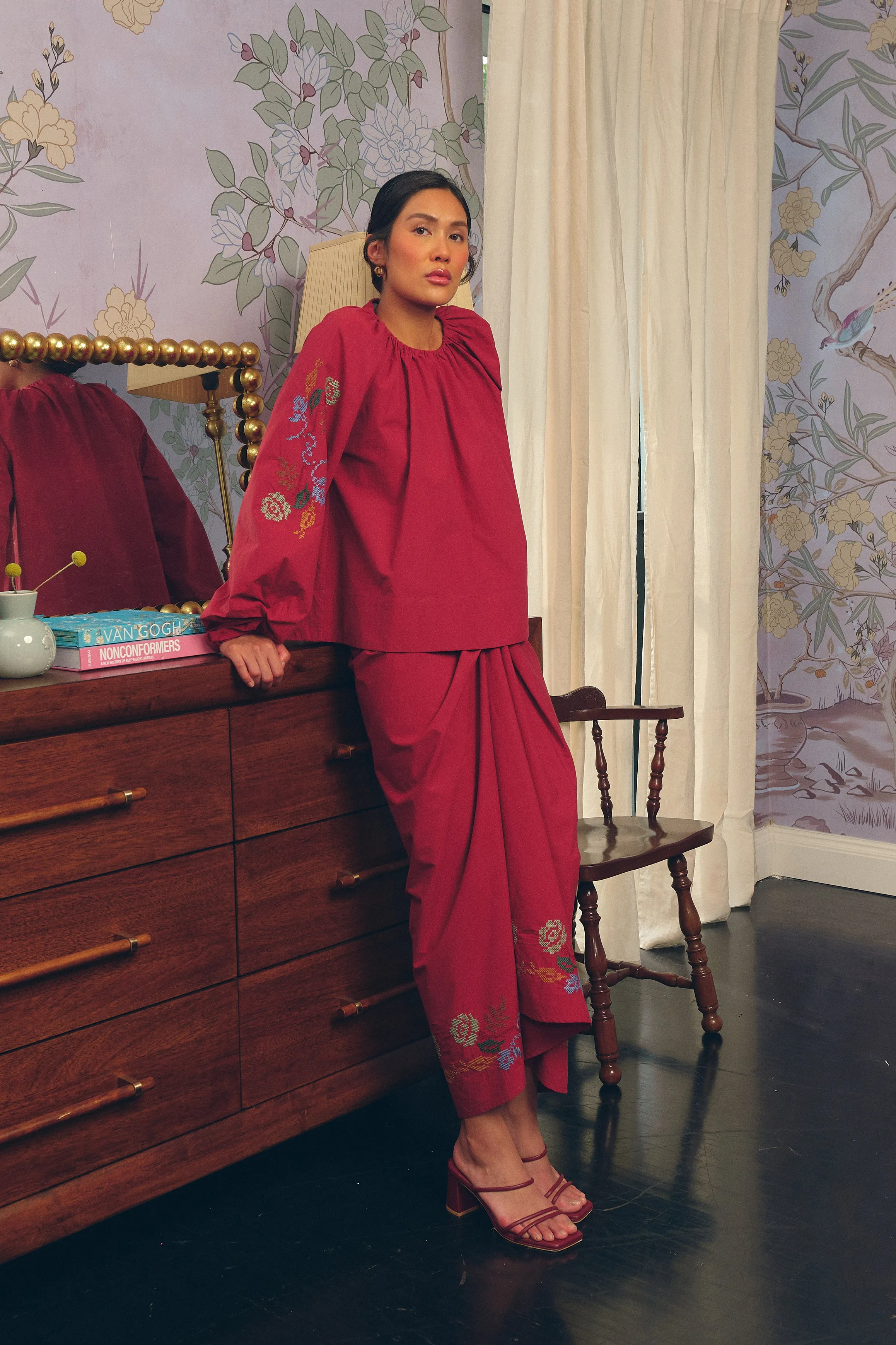 Frida Poplin Knot Skirt in Ruby