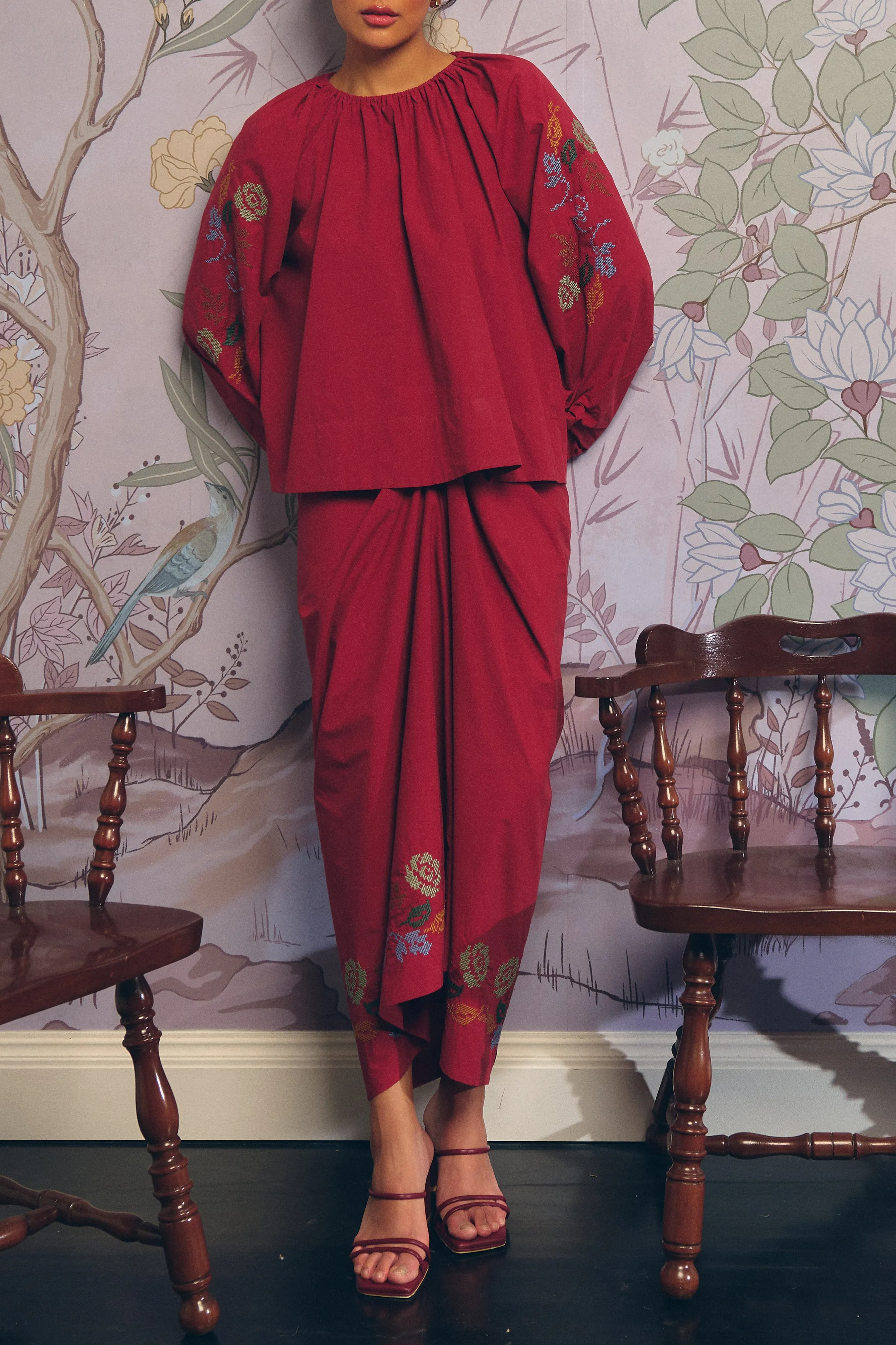 Frida Poplin Knot Skirt in Ruby