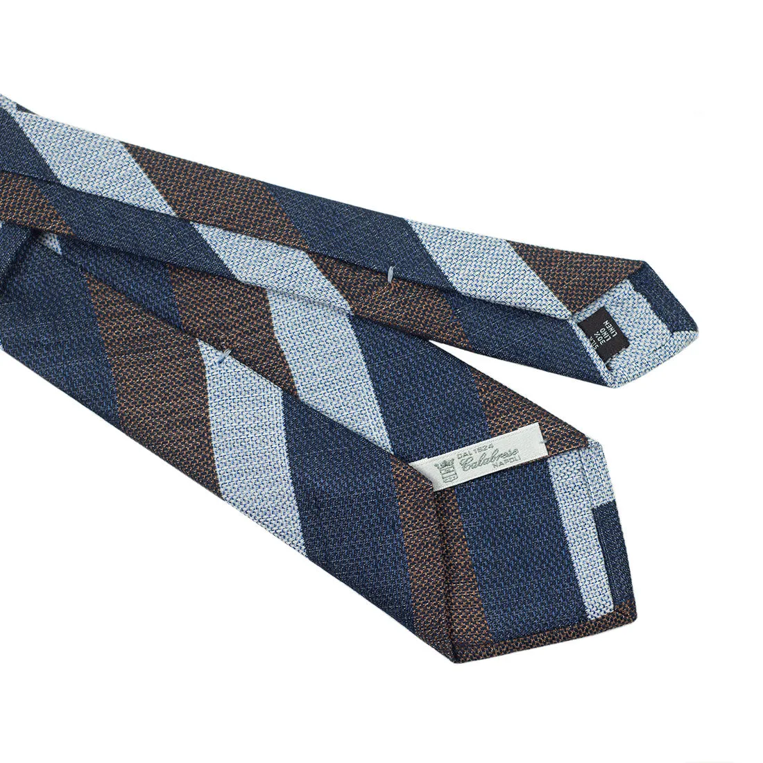 Silk & linen block stripe tie, brown navy and ice