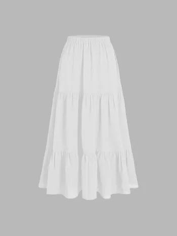 Solid elastic waist ruffle hem tiered hem midi skirt in white