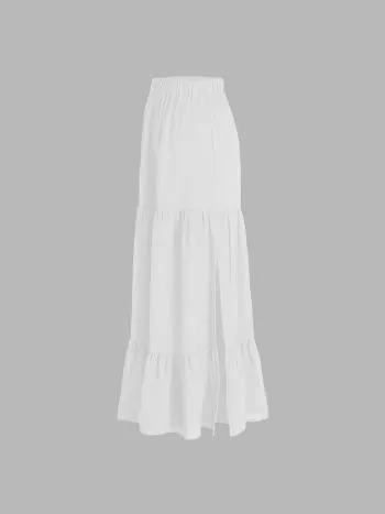 Solid elastic waist ruffle hem tiered hem midi skirt in white