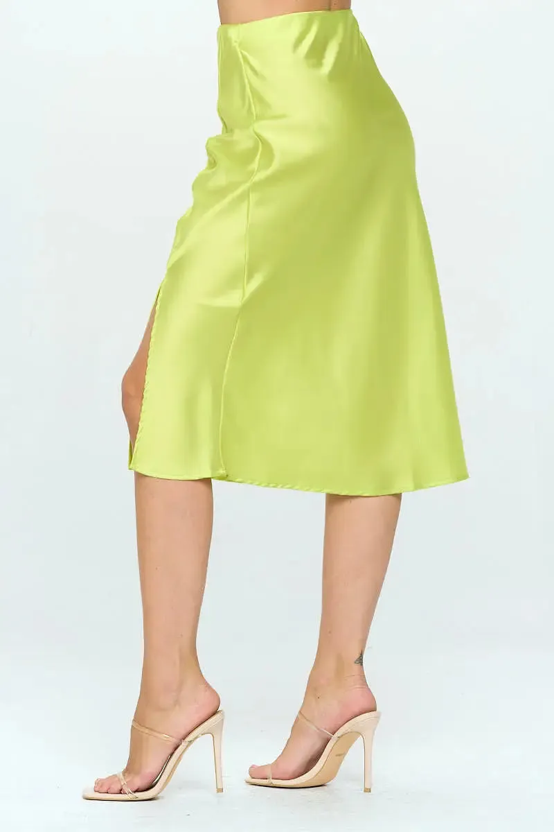 Solid Satin Midi Skirt With Slit