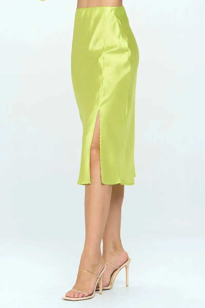 Solid Satin Midi Skirt With Slit