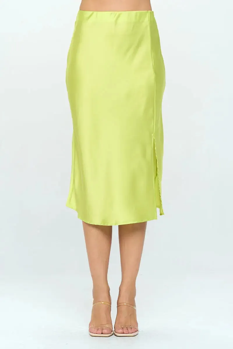Solid Satin Midi Skirt With Slit