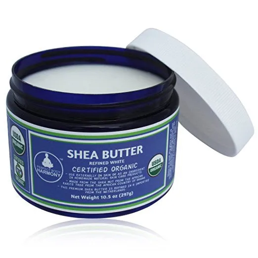 Unscented Refined Shea Butter - Certified Organic - Silky Stark White - 10.5 oz BPA FREE JAR