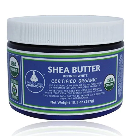 Unscented Refined Shea Butter - Certified Organic - Silky Stark White - 10.5 oz BPA FREE JAR