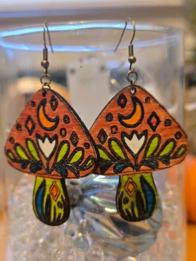 Whimsical Mushroom Earrings with Floral & Crescent Moon Engraving